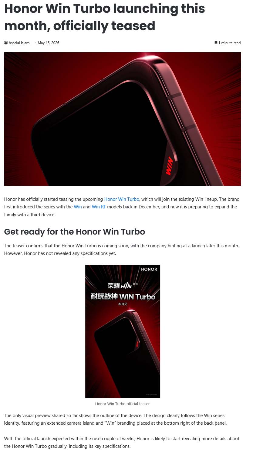 News Shell| Honor Win Turbo launching this month, officially teased